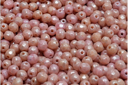 ファセット加工ラウンドファイアポリッシュビーズ、不透明ピンクベージュトラバーチンスポット（74020-33301）、ガラス、チェコ共和国