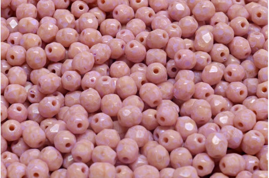 ファセット加工ラウンドファイアポリッシュビーズ、不透明ピンクコールドパープルスポット（74020-33305）、ガラス、チェコ共和国