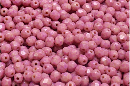 ファセット加工ラウンドファイアポリッシュビーズ、不透明ピンクピンクスポット（74020-33306）、ガラス、チェコ共和国