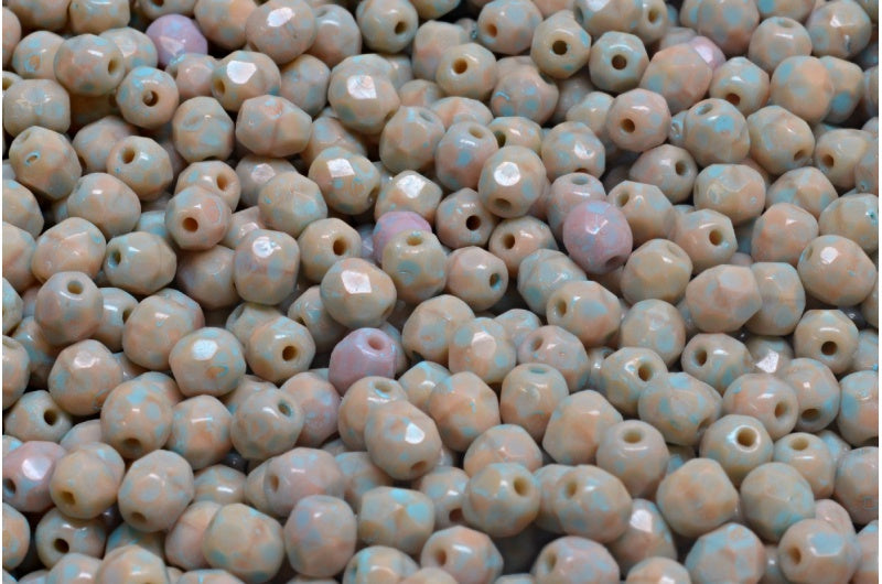 Faceted Round Fire Polished Beads, Opaque Pink Turqouise Spotted (74020-33309), Glass, Czech Republic