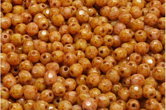 ファセット加工ラウンドファイアポリッシュビーズ、不透明ピンクトラバーチン（74020-86800）、ガラス、チェコ共和国