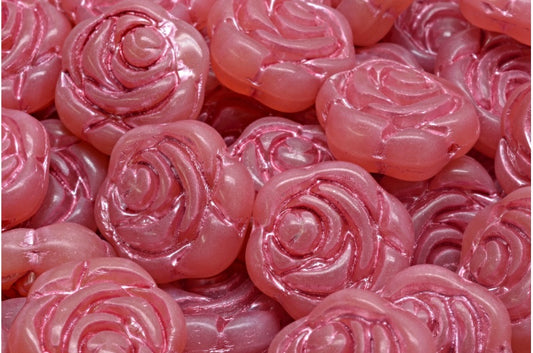 フラットラウンドローズフラワービーズ、オパールピンク（ピンクライン入り）（71111-54321）、ガラス、チェコ共和国