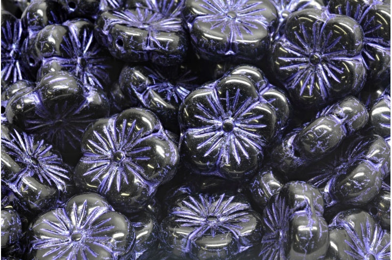 チェリーフラワービーズ、黒紫色の裏地付き（23980-43810）、ガラス、チェコ共和国