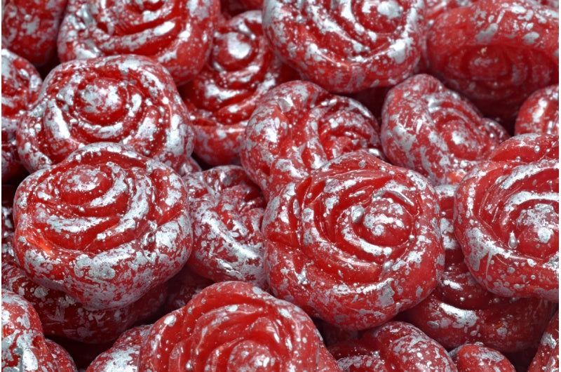 フラットラウンドローズフラワービーズ、オパールレッドシルバースプラッシュ（91240-94400）、ガラス、チェコ共和国