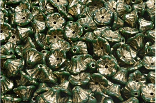 ベルフラワーカップビーズ、不透明グリーンゴールドライン（53240-54302）、ガラス、チェコ共和国