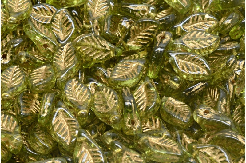 ベイリーフビーズ、透明グリーンゴールドライン（50200-54302）、ガラス、チェコ共和国