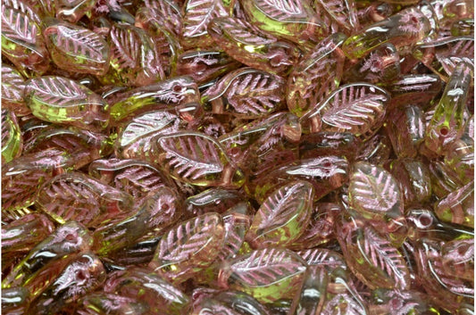 ベイリーフビーズ、透明グリーンピンクライン（50200-54321）、ガラス、チェコ共和国