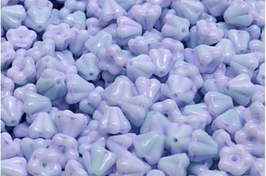 ベルフラワービーズ、ライトグリーン、コールドパープルの斑点（07524-33305）、ガラス、チェコ共和国