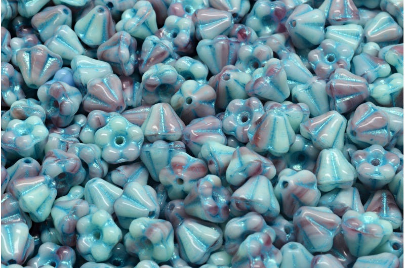 Bell Flower Beads, Mixed Blue Pink Light Blue Lined (57713-54308), Glass, Czech Republic