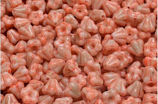 Bell Flower Beads, Light Green Beige Orange Spotted (07524-33307), Glass, Czech Republic