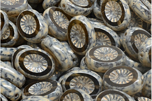 Table Cut Kiwi Beads, Transparent Gray Beige Travertin Spotted (40030-33301), Glass, Czech Republic