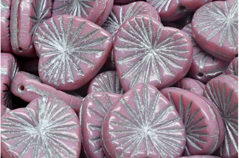 OUTLET 10g Kiwi Heart Beads, 18 x 18 mm, Opaque Pink Silver Lined (74020-54301), Glass, Czech Republic
