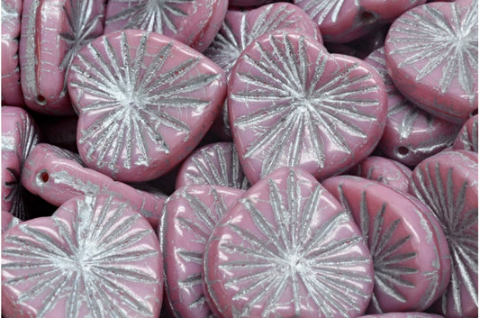 OUTLET 10g Kiwi Heart Beads, 18 x 18 mm, Opaque Pink Silver Lined (74020-54301), Glass, Czech Republic