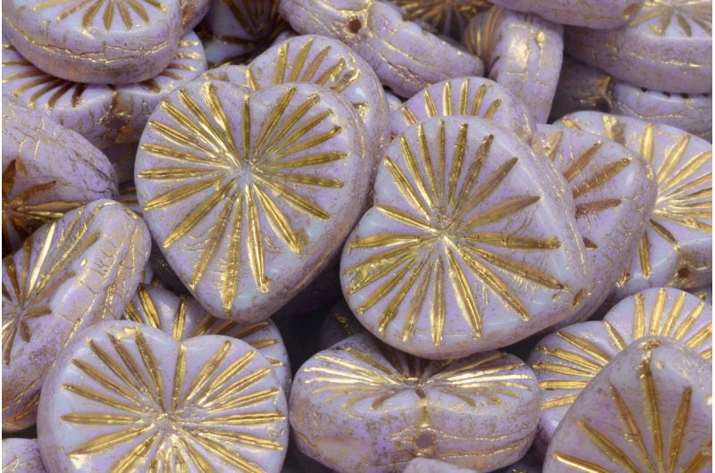 Kiwi Heart Beads, White Cold Purple Spotted Gold Lined (02010-33305-54302), Glass, Czech Republic