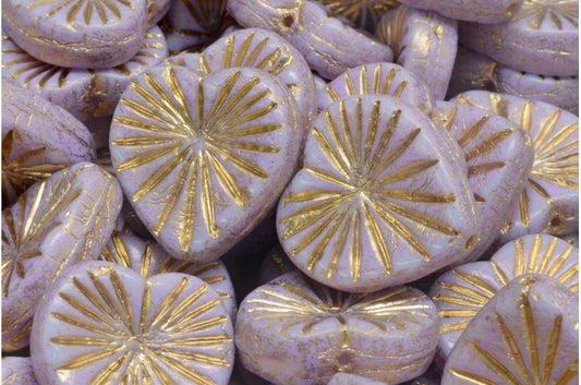 キウイハートビーズ、ホワイトコールドパープルスポット、ゴールドライン（02010-33305-54302）、ガラス、チェコ共和国