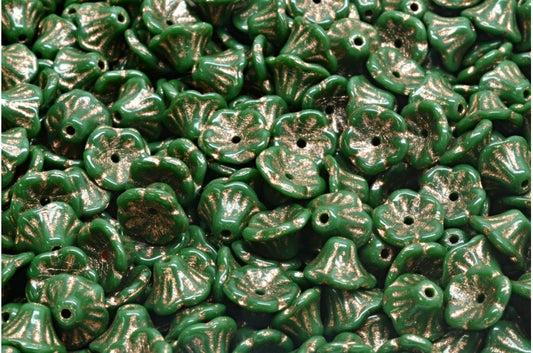 Bell Flower Cup Beads, Opaque Green Copper Lined (53240-54307), Glass, Czech Republic