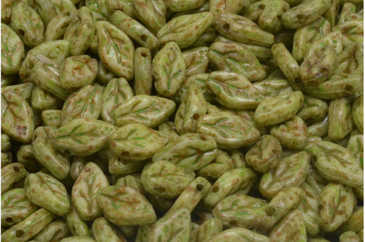 Cherry Leaf Beads, White Travertin Green Spotted (02010-86800-33311), Glass, Czech Republic