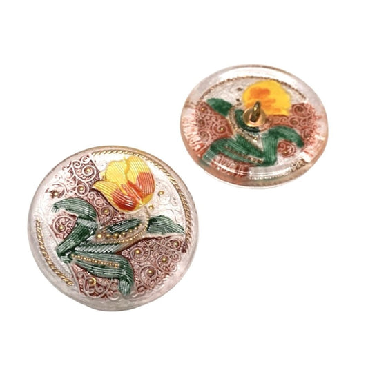 1 pcs Hand Painted Glass Buttons with ornament, size 14 (31.5 mm), Glass, Czech Republic