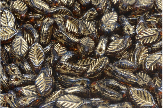 Bay Leaf Beads, Transparent Orange Travertin Gold Lined (10060-86800-54302), Glass, Czech Republic