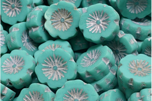 Table Cut Hawaii Flower Beads, Turquoise Silver Lined (63130-54301), Glass, Czech Republic