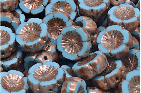 Table Cut Hawaii Flower Beads, Blue Copper Splash (63020-86750), Glass, Czech Republic