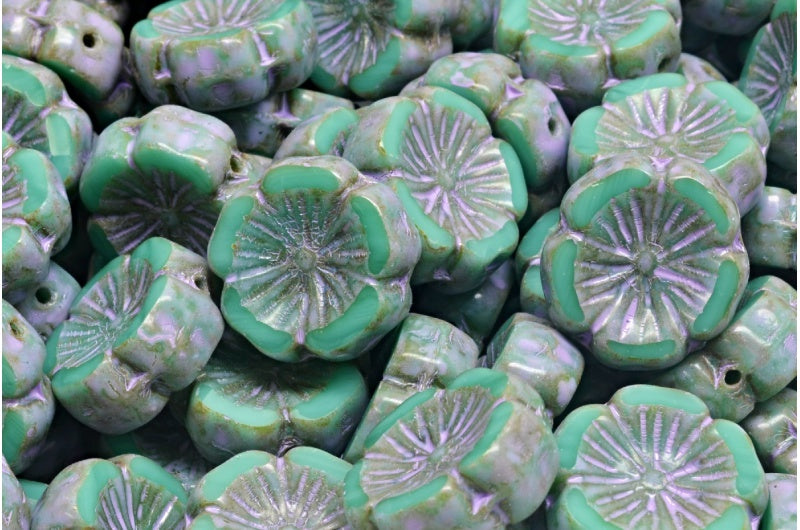 テーブルカットハワイフラワービーズ、ターコイズトラバーチンコールドパープルスポット（63130-86800-33305）、ガラス、チェコ共和国