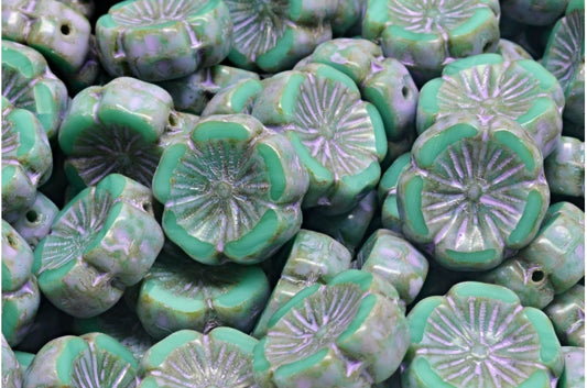 Table Cut Hawaii Flower Beads, Turquoise Travertin Cold Purple Spotted (63130-86800-33305), Glass, Czech Republic