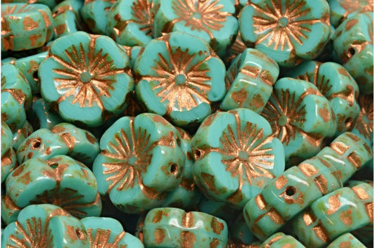 Table Cut Hawaii Flower Beads, Turquoise Travertin Copper Lined (63130-86800-54307), Glass, Czech Republic