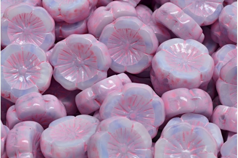 テーブルカットハワイフラワービーズ、ライトスカイブルーウォームパープルスポット（07314-33304）、ガラス、チェコ共和国