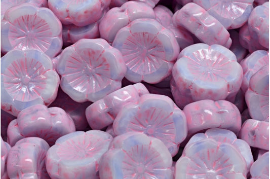 テーブルカットハワイフラワービーズ、ライトスカイブルーウォームパープルスポット（07314-33304）、ガラス、チェコ共和国