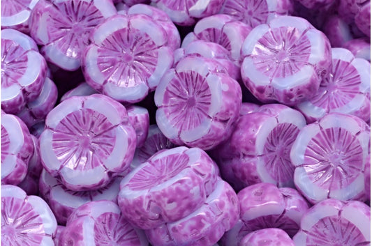 Table Cut Hawaii Flower Beads, Light Sky Blue Pink Spotted (07314-33306), Glass, Czech Republic