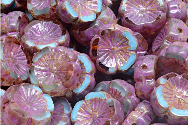 テーブルカットハワイフラワービーズ、クリスタルブルートラバーチンピンクスポッテッド（66017-86800-33306）、ガラス、チェコ共和国