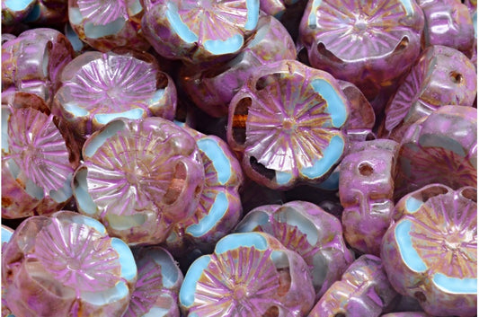 テーブルカットハワイフラワービーズ、クリスタルブルートラバーチンピンクスポッテッド（66017-86800-33306）、ガラス、チェコ共和国