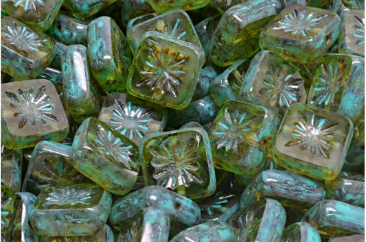 Table Cut Square Kiwi Beads, Transparent Green Travertin Turqouise Spotted (50500-86800-33310), Glass, Czech Republic