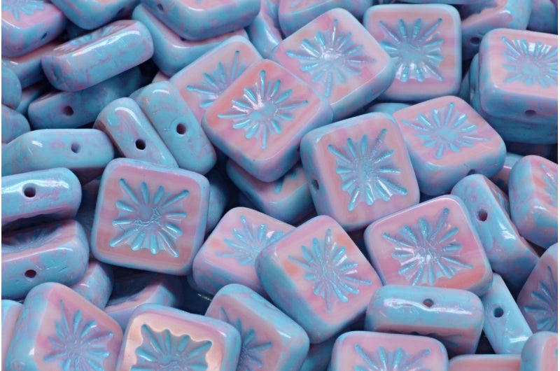 テーブルカットスクエアキウイビーズ、不透明ピンクターコイズスポット（73020-33309）、ガラス、チェコ共和国