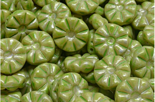 Sunflower Beads, Opaque Beige Silver Splash Green Spotted (13010-86700-33311), Glass, Czech Republic