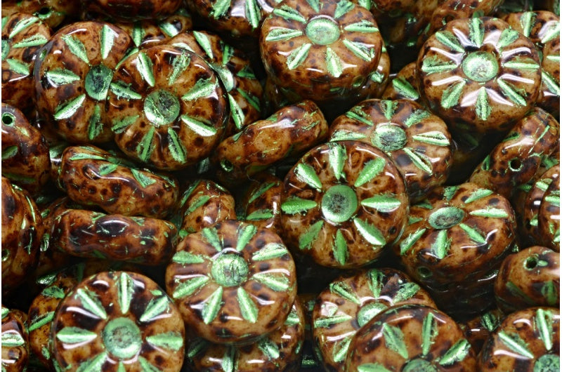 向日葵珠子，米色洞石绿（13020-86800-43813），玻璃，捷克共和国