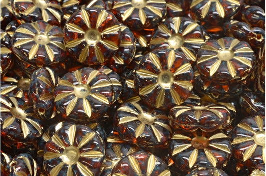 Sunflower Beads, Transparent Orange Travertin Gold Lined (90010-86800-54302), Glass, Czech Republic