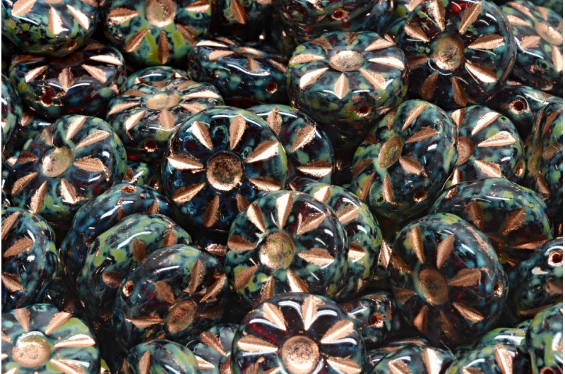 ひまわりビーズ、ルビーレッドトラバーチン銅張り（90080-86800-54307）、ガラス、チェコ共和国