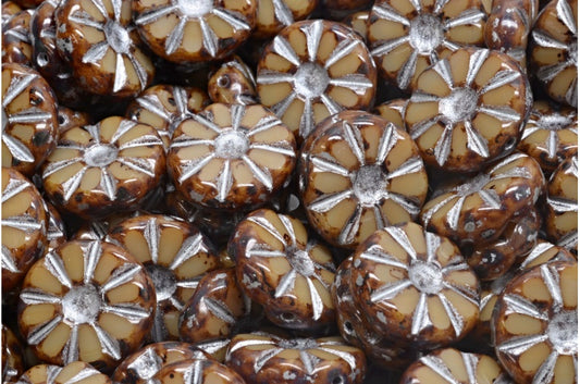 台面切割抛光向日葵珠，赤铁矿石灰华银衬里（14400-86800-54301），玻璃，捷克共和国