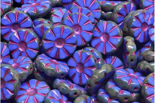 Table Cut Polished Sunflower Beads, Opaque Blue Travertin Pink Lined (33040-86800-43807), Glass, Czech Republic