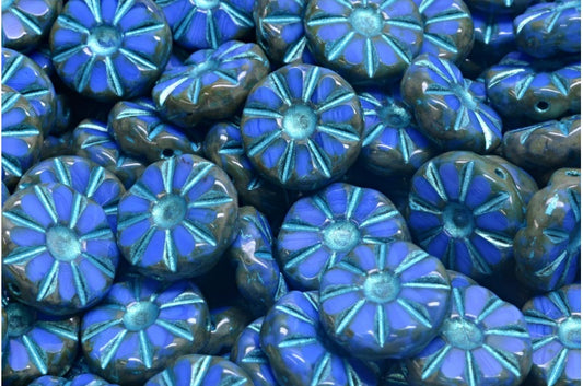 Table Cut Polished Sunflower Beads, Opaque Blue Travertin Light Blue Lined (33040-86800-43811), Glass, Czech Republic