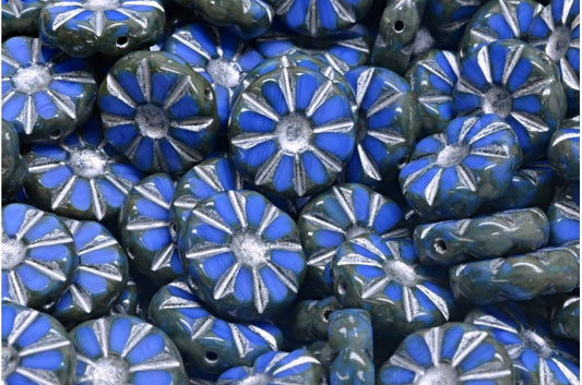 Table Cut Polished Sunflower Beads, Opaque Blue Travertin Silver Lined (33040-86800-54301), Glass, Czech Republic