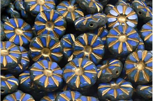 台面切割抛光向日葵珠，不透明蓝色洞石金边（33040-86800-54302），玻璃，捷克共和国