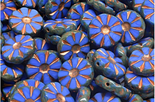 Table Cut Polished Sunflower Beads, Opaque Blue Travertin Copper Lined (33040-86800-54307), Glass, Czech Republic