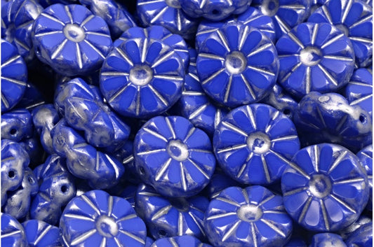 Table Cut Polished Sunflower Beads, Opaque Blue Silver Splash (33050-86700), Glass, Czech Republic