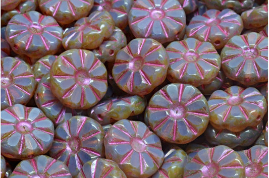 Table Cut Polished Sunflower Beads, Transparent Light Amethyst Travertin Pink Lined (21000-86800-43807), Glass, Czech Republic