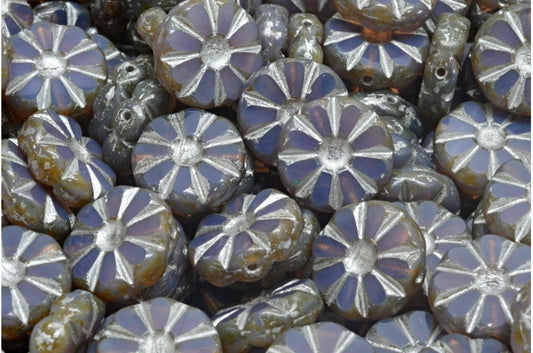 Table Cut Polished Sunflower Beads, Transparent Light Amethyst Travertin Silver Lined (21000-86800-54301), Glass, Czech Republic