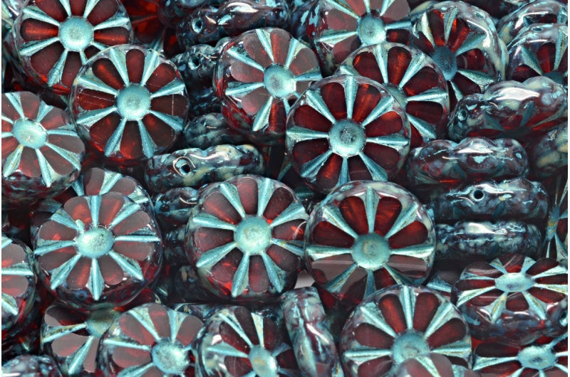 Table Cut Polished Sunflower Beads, Transparent Red Travertin Light Blue Lined (90060-86800-43811), Glass, Czech Republic