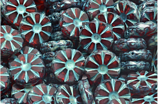 Table Cut Polished Sunflower Beads, Transparent Red Travertin Light Blue Lined (90060-86800-43811), Glass, Czech Republic